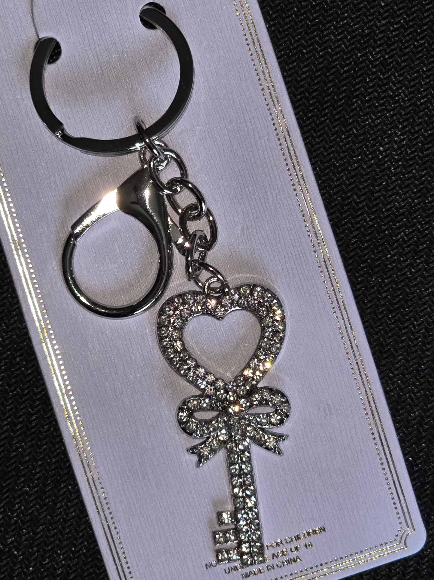 Silver Heart Lock & Key, Keychain (Clear Bling)