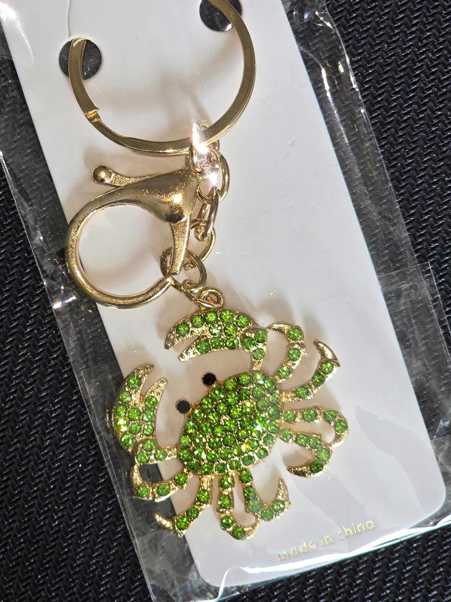 Green Blingy Crab 🦀 Keychain (Gold Hardware)
