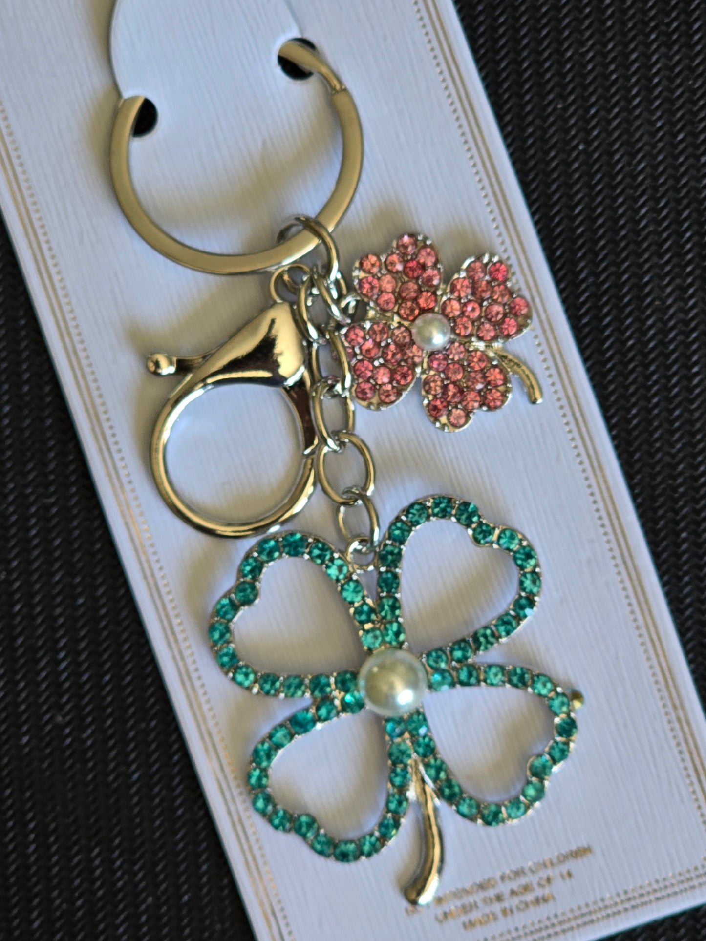 Aqua Blue/Pink Pearl Clover 🍀 Blingy Keychain (Silver Hardware)