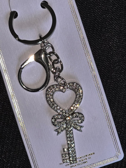 Silver Heart Lock & Key, Keychain (Clear Bling)
