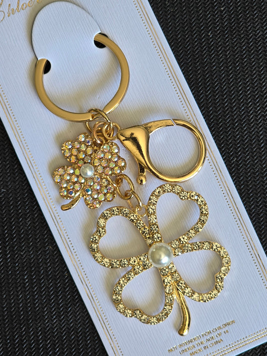 Clear & Iridescent Pearl Clover  🍀  Keychain (Gold Hardware)